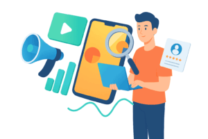 Illustration representing a digital marketing expert in Pune, featuring a male character analyzing data on a laptop, with surrounding icons of a smartphone, charts, megaphone, video content, and user ratings — symbolizing SEO, social media, and analytics services.