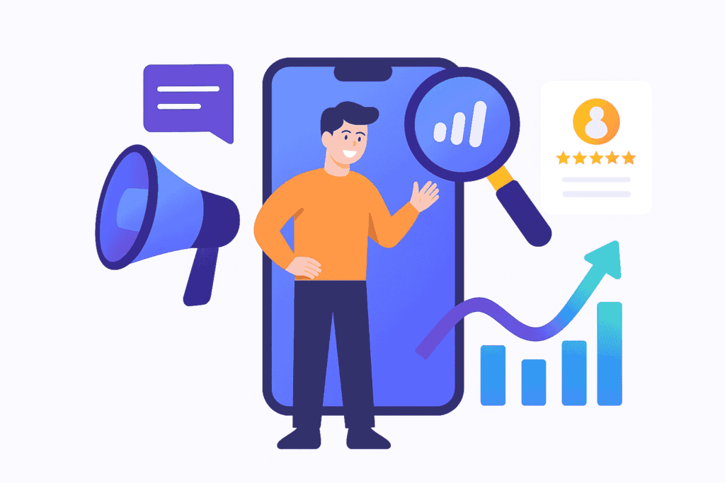 Digital marketing freelancer illustrated with a male character standing beside digital tools like a smartphone, megaphone, analytics graphs, and user profile, representing online marketing expertise.