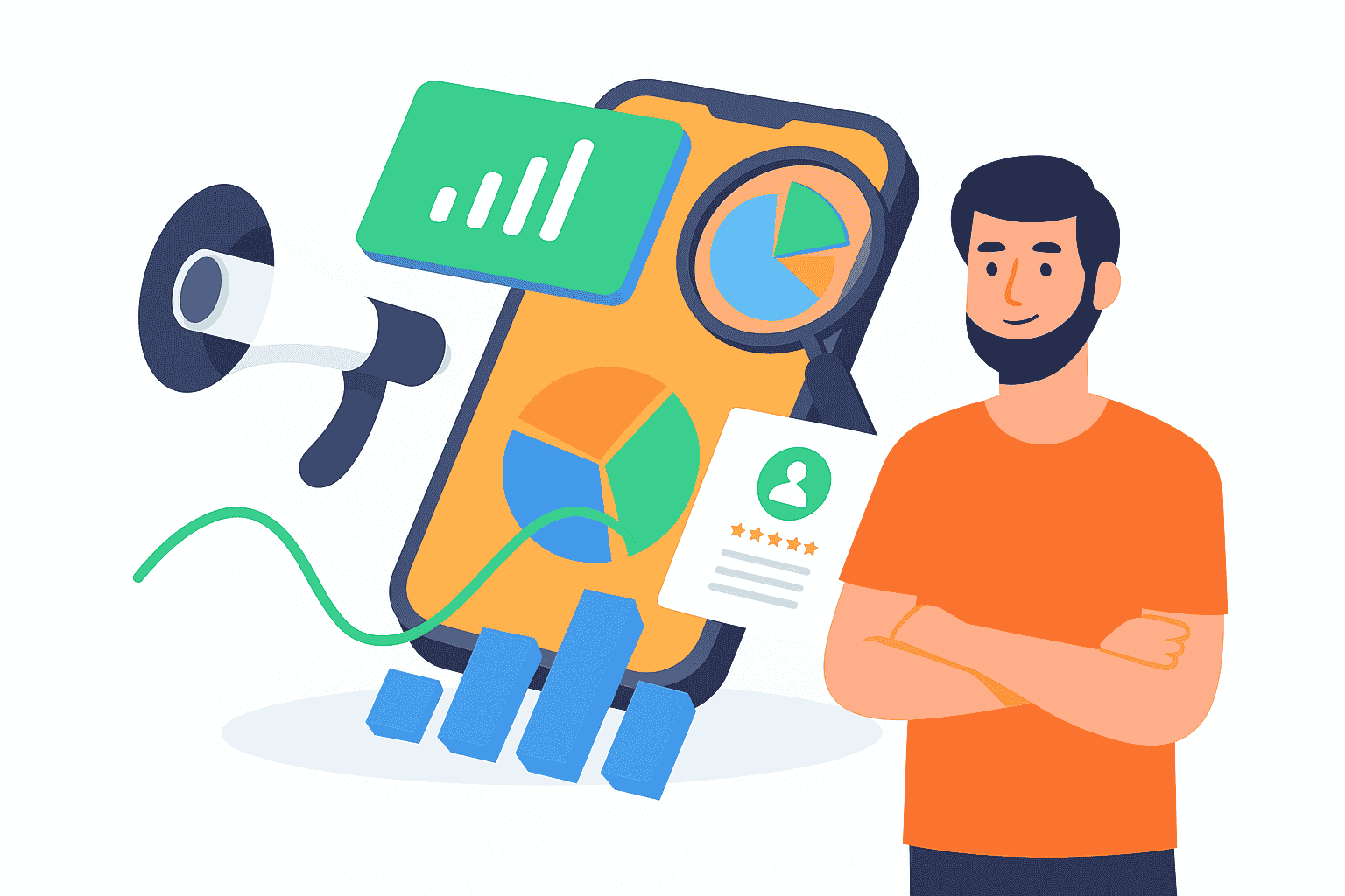 Illustration of a digital marketing specialist analyzing mobile data insights in Pune. Features include a male marketer in an orange shirt, pie charts, bar graphs, a smartphone with analytics, a loudspeaker for marketing, and user reviews—representing services like SEO, social media, and performance marketing.