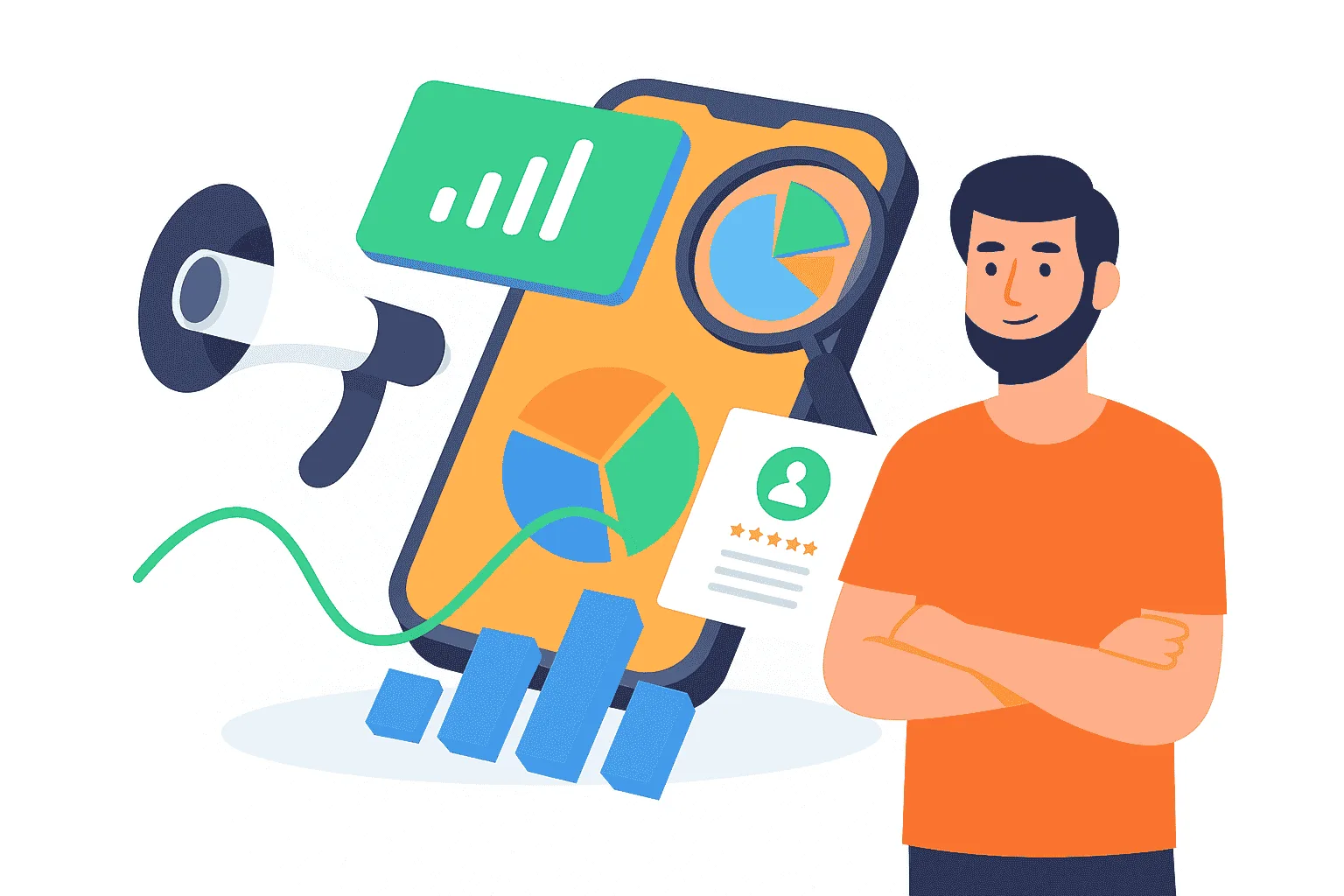 Illustration of a digital marketing specialist analyzing mobile data insights in Pune. Features include a male marketer in an orange shirt, pie charts, bar graphs, a smartphone with analytics, a loudspeaker for marketing, and user reviews—representing services like SEO, social media, and performance marketing.