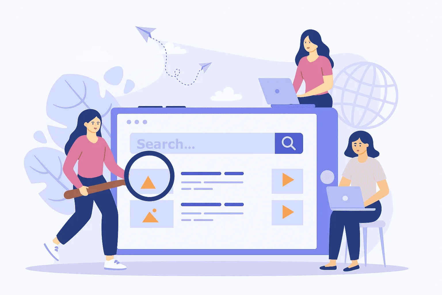 Illustration representing SEO expertise in Pune, featuring three women using laptops and a magnifying glass to explore search engine results, symbolizing keyword analysis, search optimization, and digital strategy. Ask ChatGPT