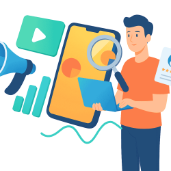 Illustration representing a digital marketing expert in Pune, featuring a male character analyzing data on a laptop, with surrounding icons of a smartphone, charts, megaphone, video content, and user ratings — symbolizing SEO, social media, and analytics services.