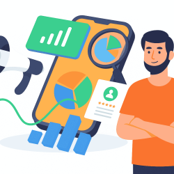 Illustration of a digital marketing specialist analyzing mobile data insights in Pune. Features include a male marketer in an orange shirt, pie charts, bar graphs, a smartphone with analytics, a loudspeaker for marketing, and user reviews—representing services like SEO, social media, and performance marketing.