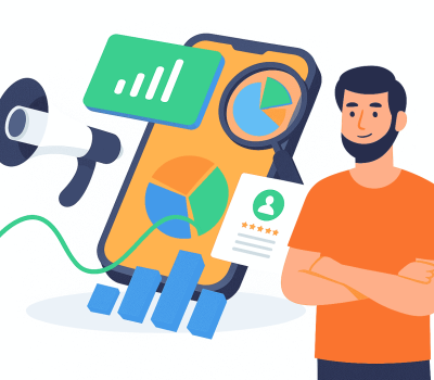 Illustration of a digital marketing specialist analyzing mobile data insights in Pune. Features include a male marketer in an orange shirt, pie charts, bar graphs, a smartphone with analytics, a loudspeaker for marketing, and user reviews—representing services like SEO, social media, and performance marketing.