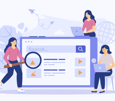 Illustration representing SEO expertise in Pune, featuring three women using laptops and a magnifying glass to explore search engine results, symbolizing keyword analysis, search optimization, and digital strategy. Ask ChatGPT