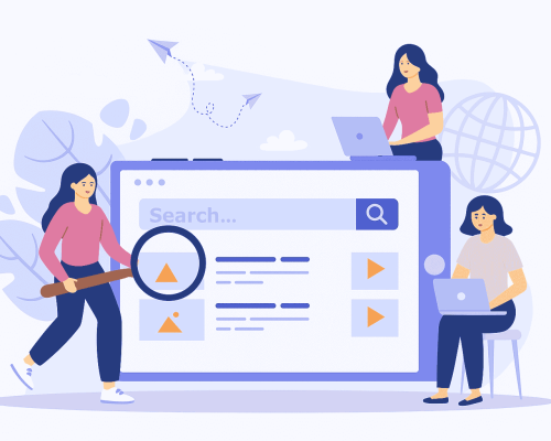 Illustration representing SEO expertise in Pune, featuring three women using laptops and a magnifying glass to explore search engine results, symbolizing keyword analysis, search optimization, and digital strategy. Ask ChatGPT