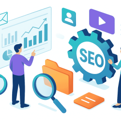 Isometric illustration of two digital marketers optimizing SEO strategies—one analyzing performance metrics on a transparent dashboard, the other adjusting SEO settings with a gear icon—representing expert SEO services by a freelance SEO specialist in Pune.